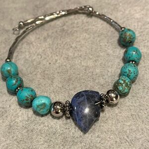 Navajo Bear Turquoise Semiprecious Gemstone Bangle Bracelet Silver 6.5-9”